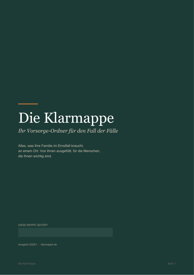 Titelseite der Klarmappe in Dunkelgrün